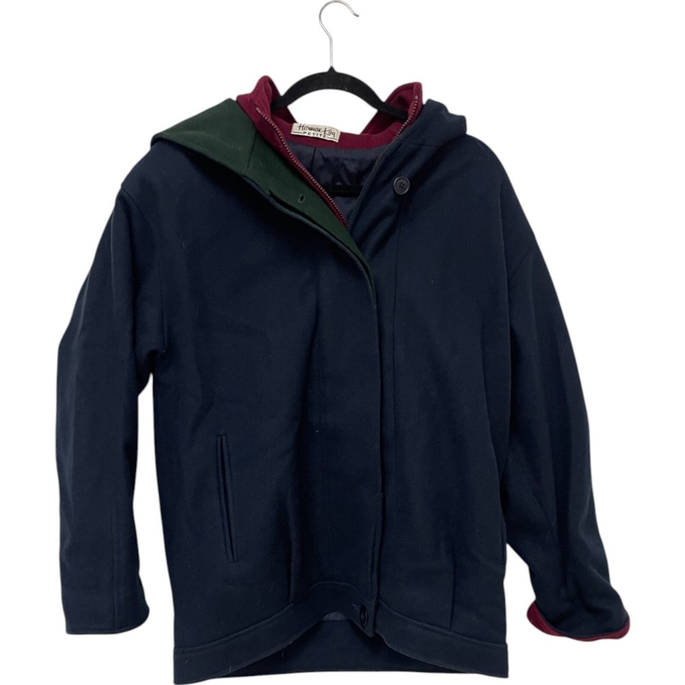Herman Kay Petite‎ Womens Hooded Bib Coat Wool Blend Navy Green Red Size 8